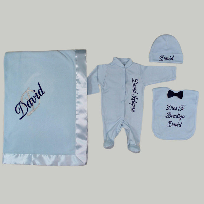 Coming Home Outfit with Blanket (Blue Set, Royal Blue and Silver Thread)