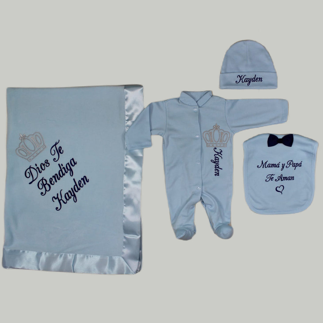 Coming Home Outfit with Blanket (Blue Set, Royal Blue and Silver Thread, Crown)