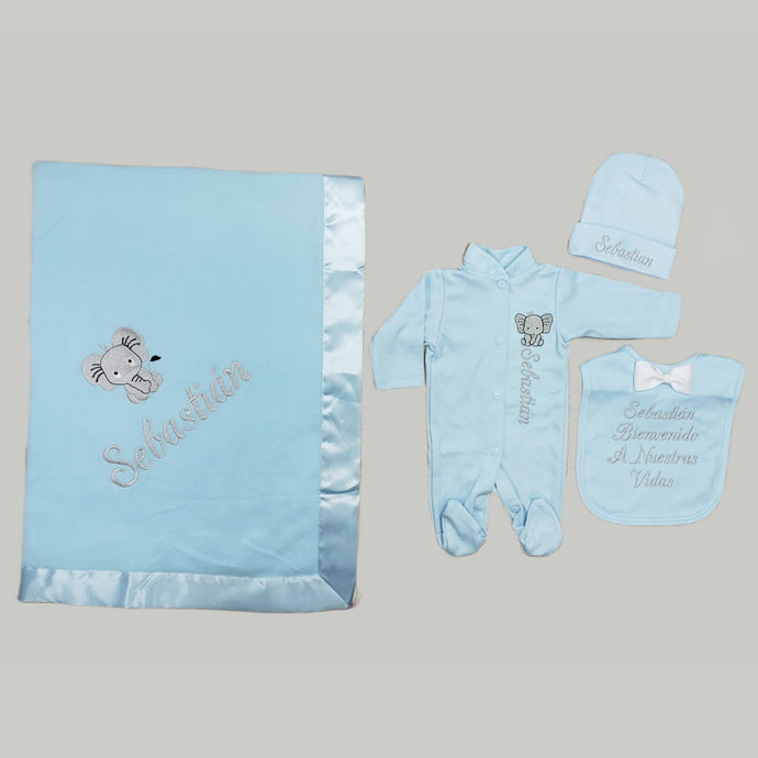 Coming Home Outfit with Blanket (Blue Set, Silver Thread, Elephant)