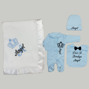 Coming Home Outfit with Blanket (Blue Set, White Blanket, Black and Light Blue Thread, Crown)
