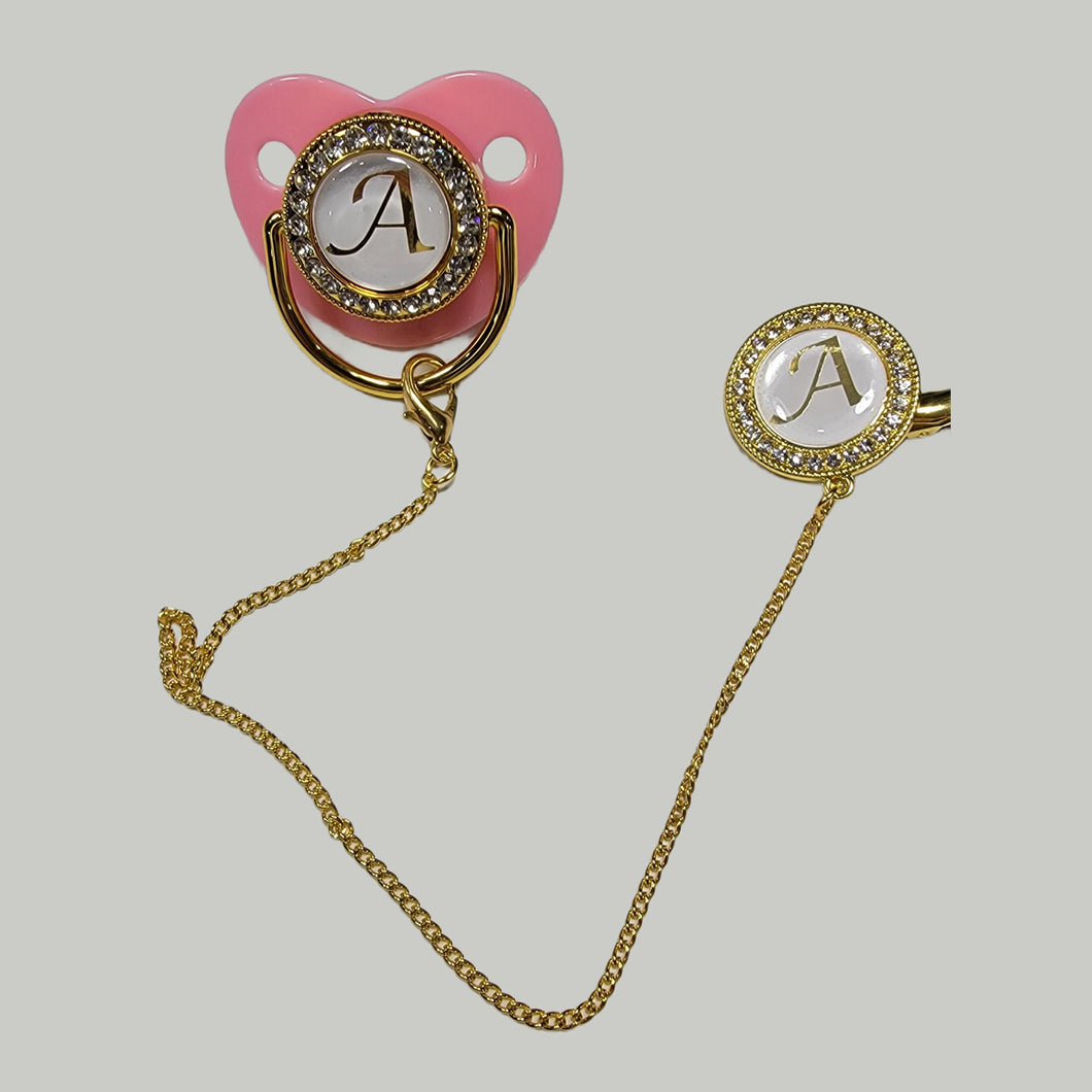Personalized Bling Pacifier Pink Baby Pacifier Clip with Initial Letter