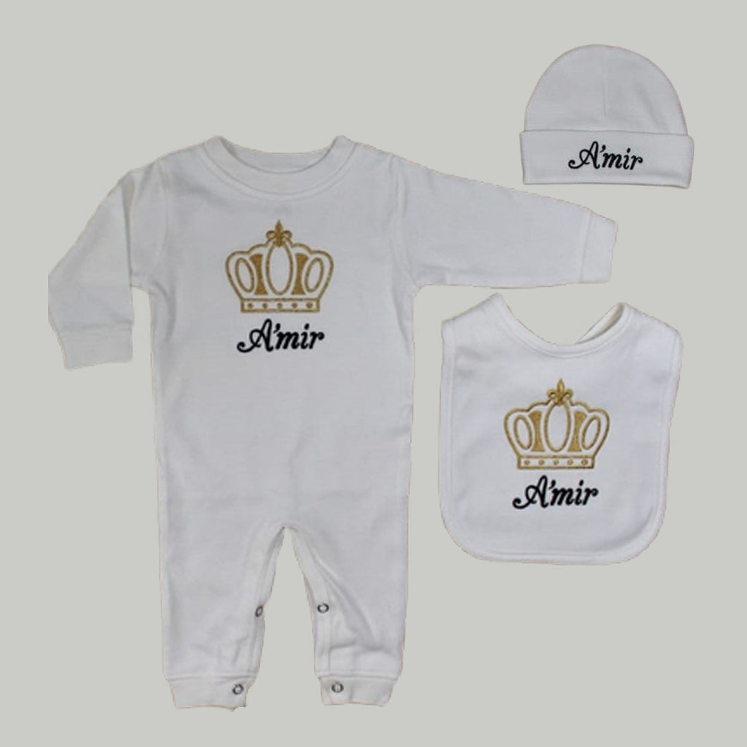 Coming Home Outfit (White Set, Black and Gold Thread, Crown)