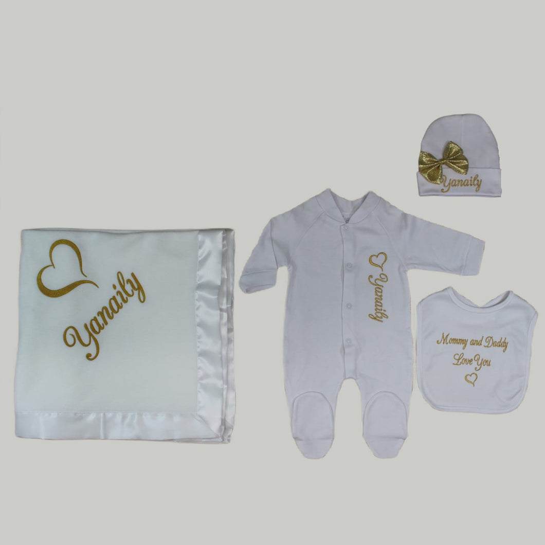 Coming Home Outfit with Blanket (White Set, Gold Thread, Heart)