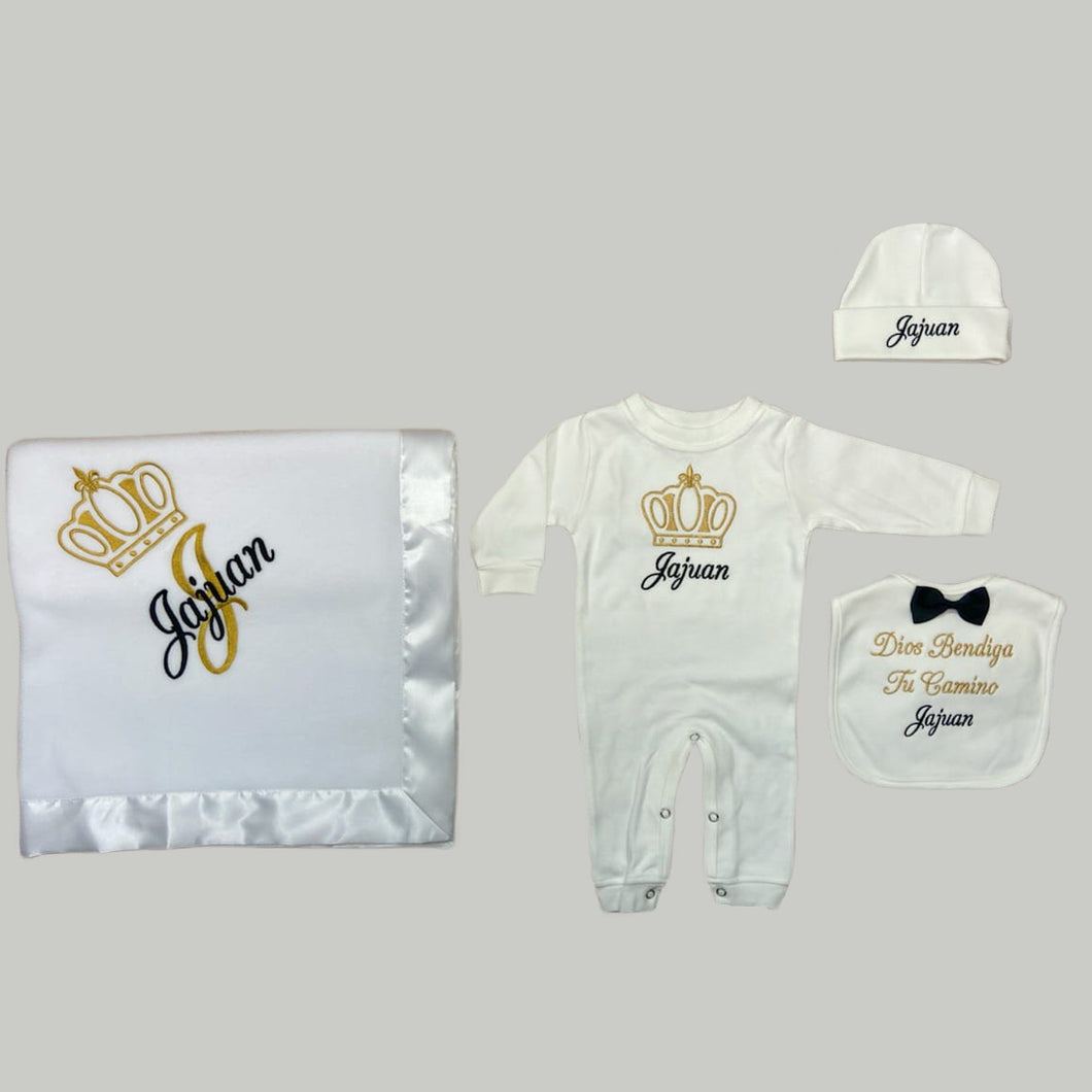 Coming Home Outfit with Blanket (White Set, Black and Gold Thread, Crown)