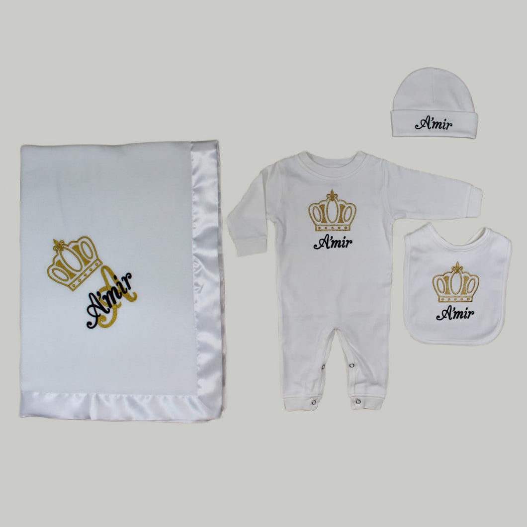 Coming Home Outfit with Blanket (White Set, Blue and Gold Thread, Crown)