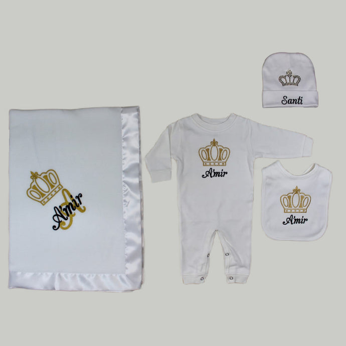 Coming Home Outfit with Blanket (White Set, Gold and Black Thread, Rhinestone Beanie)