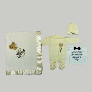 Pajama, Bib, Beanie, Blanket (Yellow Set, Royal Blue and Gold Thread, Elephant)